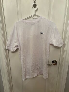 White Crew Neck T-Shirt with Small Script Chest Logo